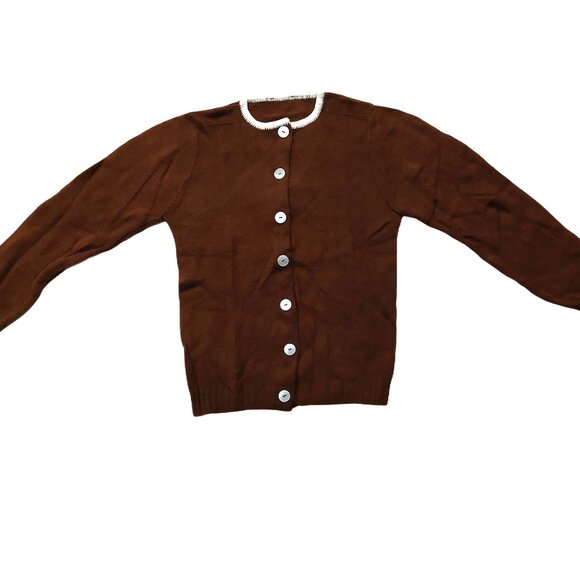 Pure Vintage 1940s-1950s Brown White Long Sleeve Cardigan Sweater - Picture 2 of 9